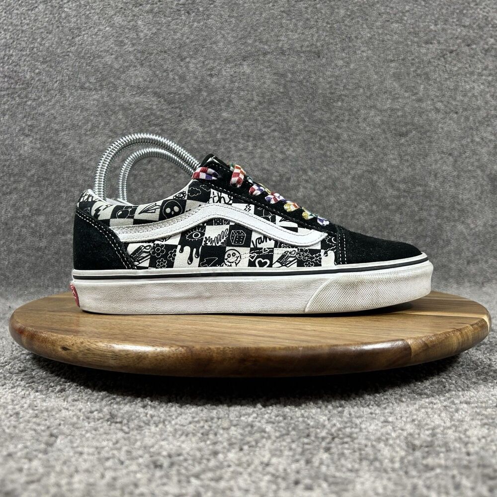 Vans Old Skool Women’s Sz 7 Black White Doodle Checkerboard Athletic Shoes Used